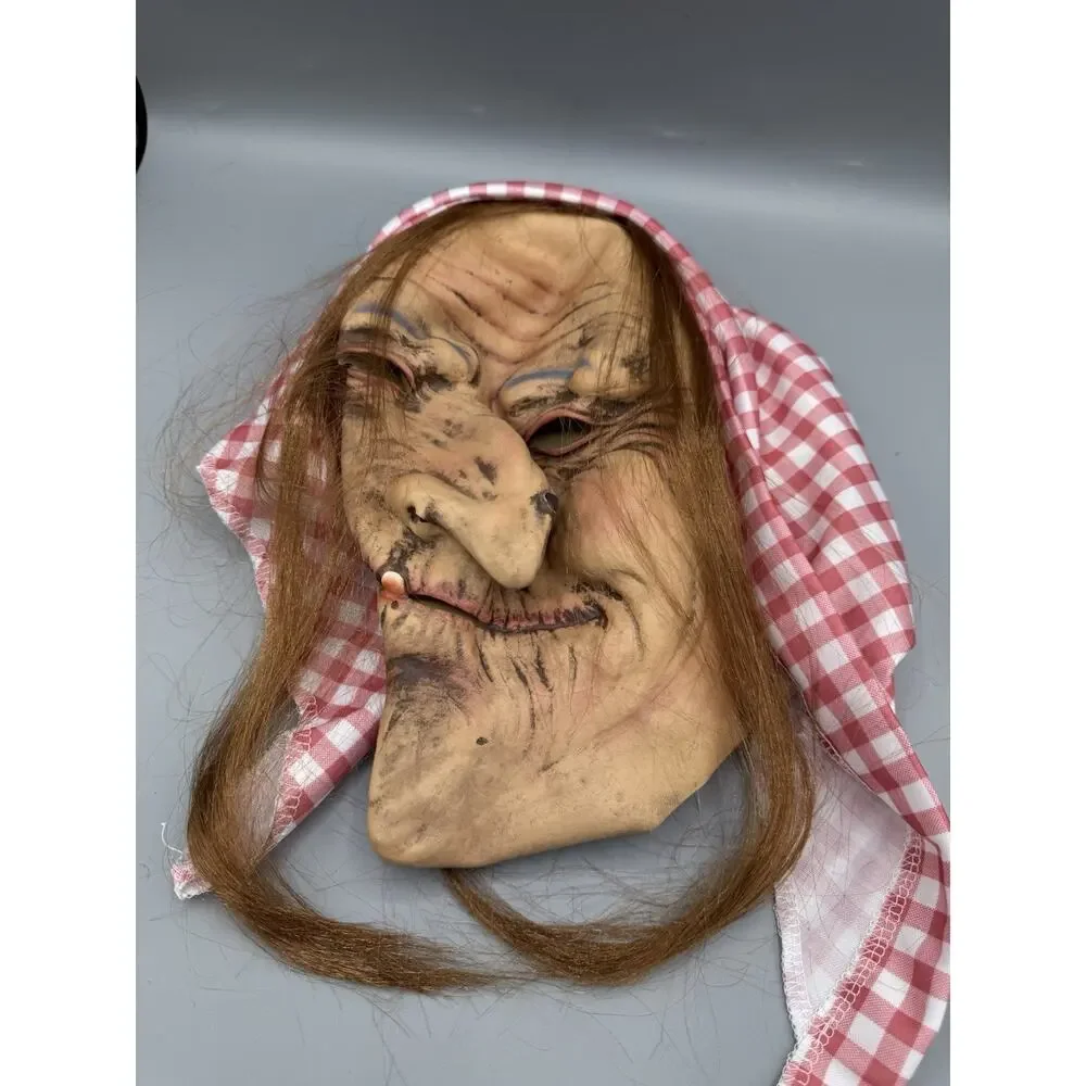 Vintage Old Hag Witch Mask Latex Rubber Gingham Scarf Hair Halloween Creepy
